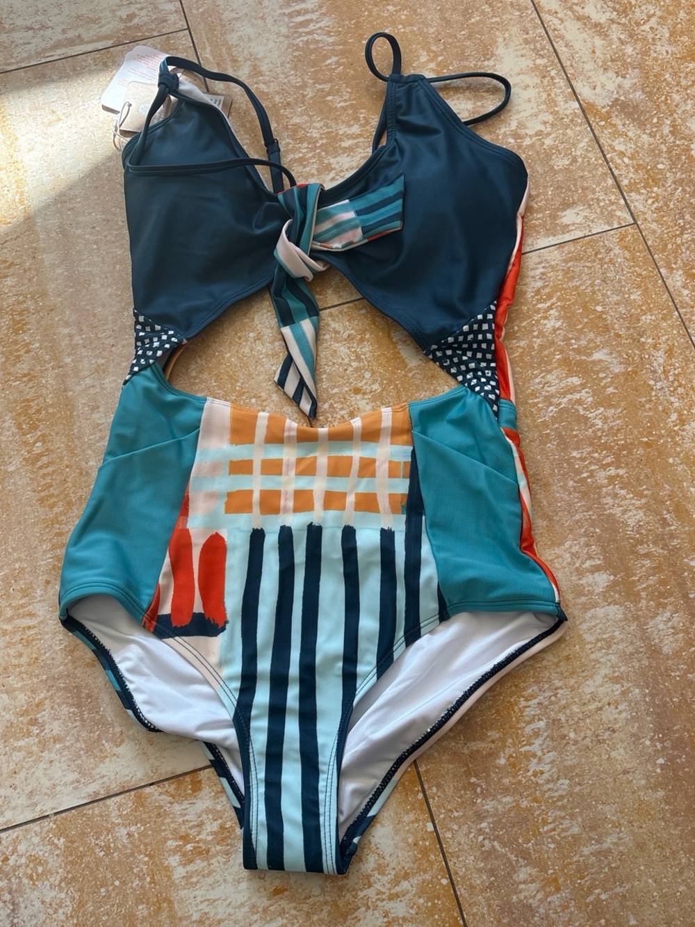 NWT NEVER WORN OR TRIED ON Colorblock Cutout One-Piece Swimsuit with Tie Front